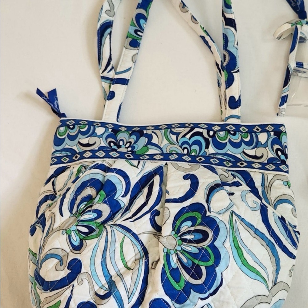 Vera Bradley Blue Flowers and Diamonds pattern white background, Shoulder Bag.